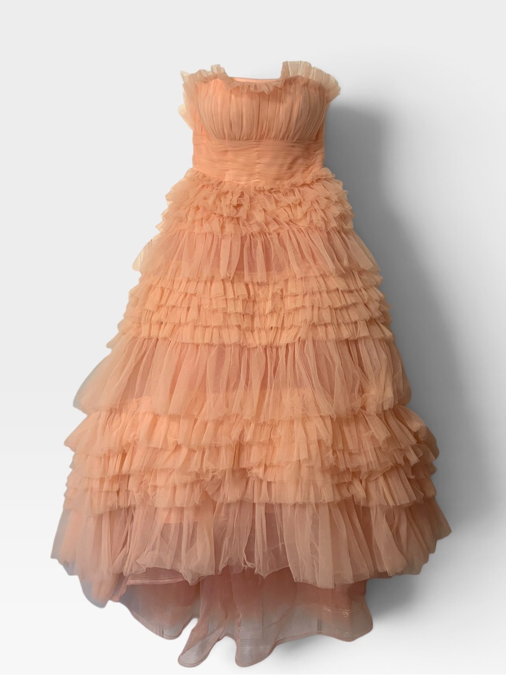 Mac Duggal Peach Rose Tiered Tulle Ruffle Gown | Strapless High-Low Dress Size 6